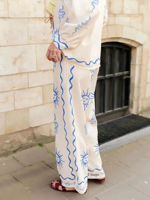 'Betony' Sun Print Long Sleeve Shirt and Pants Set - Celes Fashion